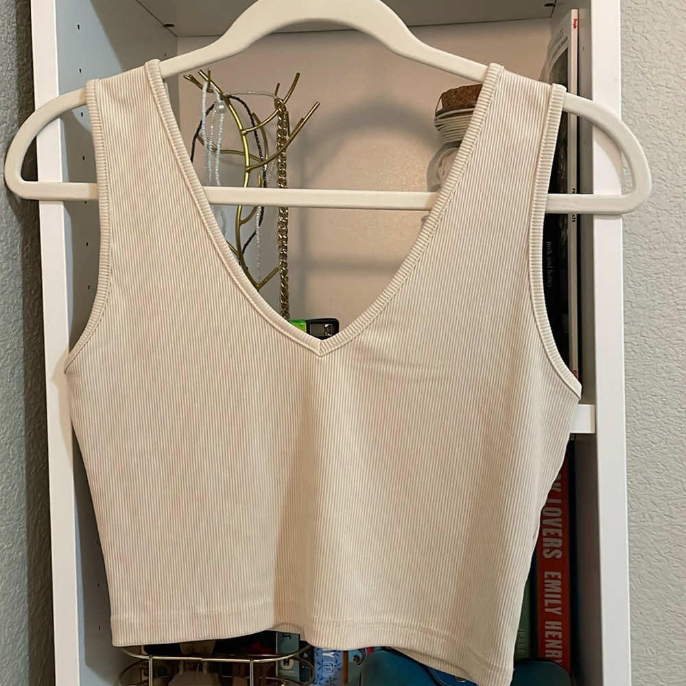 Cream Ribbed V-Neck Crop Top